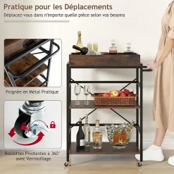 Chariot à roulettes à 3 Niveaux Plateau Amovible 4 roulettes Universelles Verrouillables Desserte Chariot Roulant