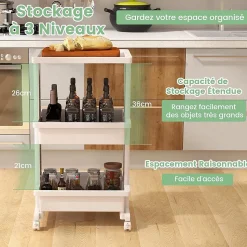 Chariot à roulettes 3 Niveaux 2 Roues Verrouillables 2 Paniers de Rangement Plateau Rainuré Chariot à roulettes Rangement