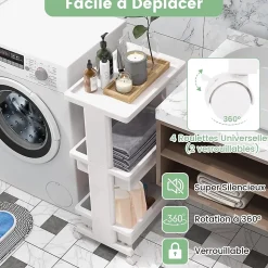 Chariot à roulettes 3 Niveaux 2 Roues Verrouillables 2 Paniers de Rangement Plateau Rainuré Chariot à roulettes Rangement