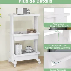 Chariot à roulettes 3 Niveaux 2 Roues Verrouillables 2 Paniers de Rangement Plateau Rainuré Chariot à roulettes Rangement