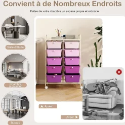 Chariot à roulettes avec 10 Tiroirs, Chariot de Rangement à 4 roulettes, 2 avec Frein, Cadre en Fer & Tiroirs en Plastique