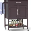 Chariot à roulettes Cuisine Comptoir en Bois Hévéa Grand Tiroir Armoire de Rangement Porte Serviettes Brun