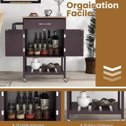 Chariot à roulettes Cuisine Comptoir en Bois Hévéa Grand Tiroir Armoire de Rangement Porte Serviettes Brun