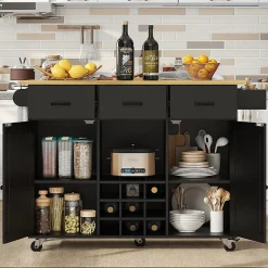 Chariot Cuisine Plan Travail Serviettes Épices Bois Buffet Noir Blackcolors