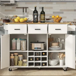 Chariot Cuisine Plan Travail Serviettes Épices Bois Buffet Blanc Blackcolors