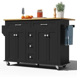 Chariot cuisine 120x65cm extensible, 5 tiroirs, porte-épices/serviettes, roulettes, îlot multifonction