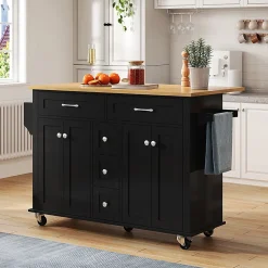 Chariot cuisine 120x65cm extensible, 5 tiroirs, porte-épices/serviettes, roulettes, îlot multifonction