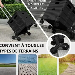 Chariot de course 8 roues - Pliable - Plastique - Avec Couvercle - Noir - 70Kg