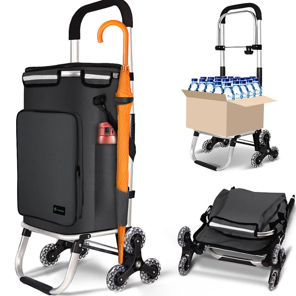 Chariot de course pliable monte escalier aluminium avec crochets noir VOUNOT