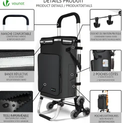 Chariot de course pliable monte escalier aluminium avec crochets noir VOUNOT