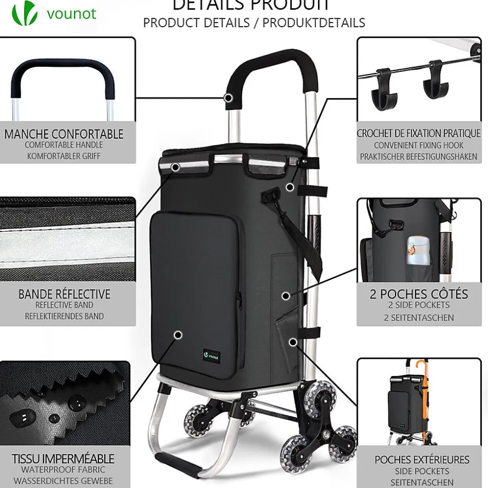 Chariot de course pliable monte escalier aluminium avec crochets noir VOUNOT