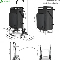 Chariot de course pliable monte escalier aluminium avec crochets noir VOUNOT