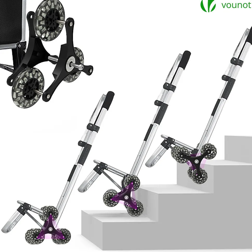 Chariot de course pliable monte escalier aluminium avec crochets noir VOUNOT