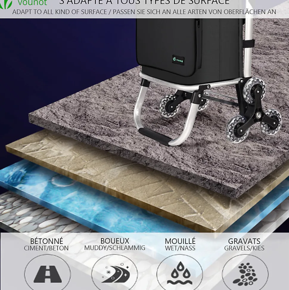 Chariot de course pliable monte escalier aluminium avec crochets noir VOUNOT