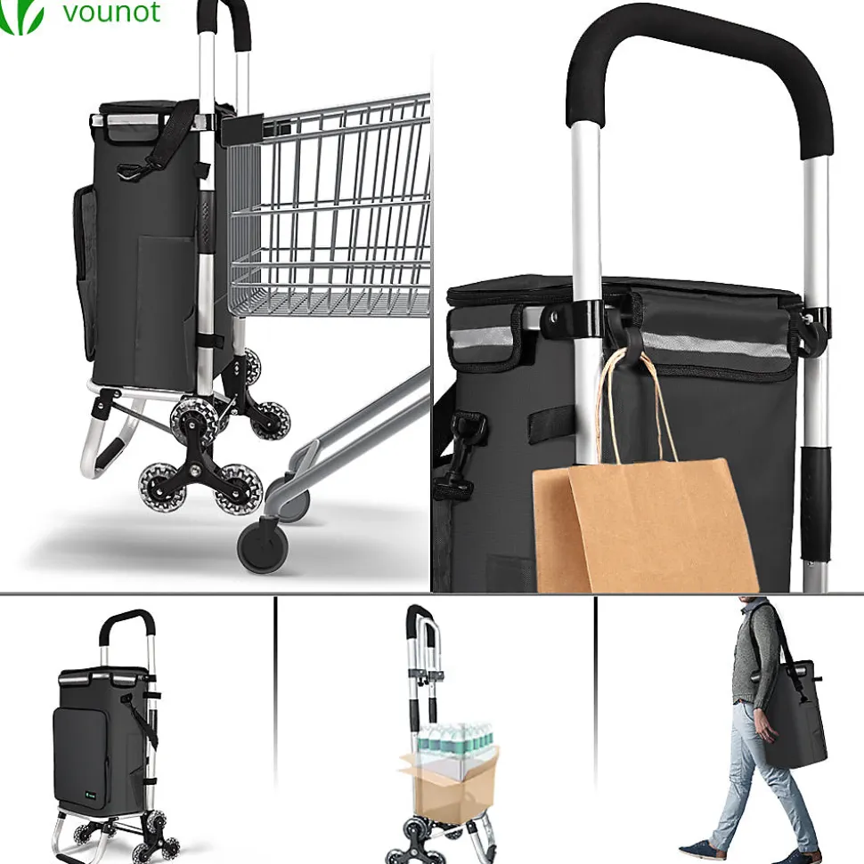 Chariot de course pliable monte escalier aluminium avec crochets noir VOUNOT