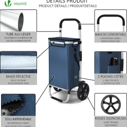 Chariot de course pliable aluminium 2 roues avec sac isotherme bleu marine VOUNOT