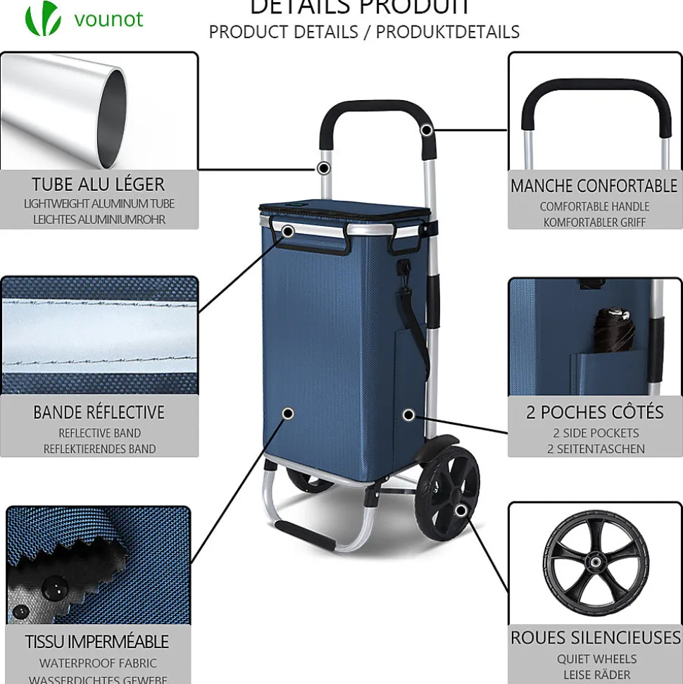 Chariot de course pliable aluminium 2 roues avec sac isotherme bleu marine VOUNOT