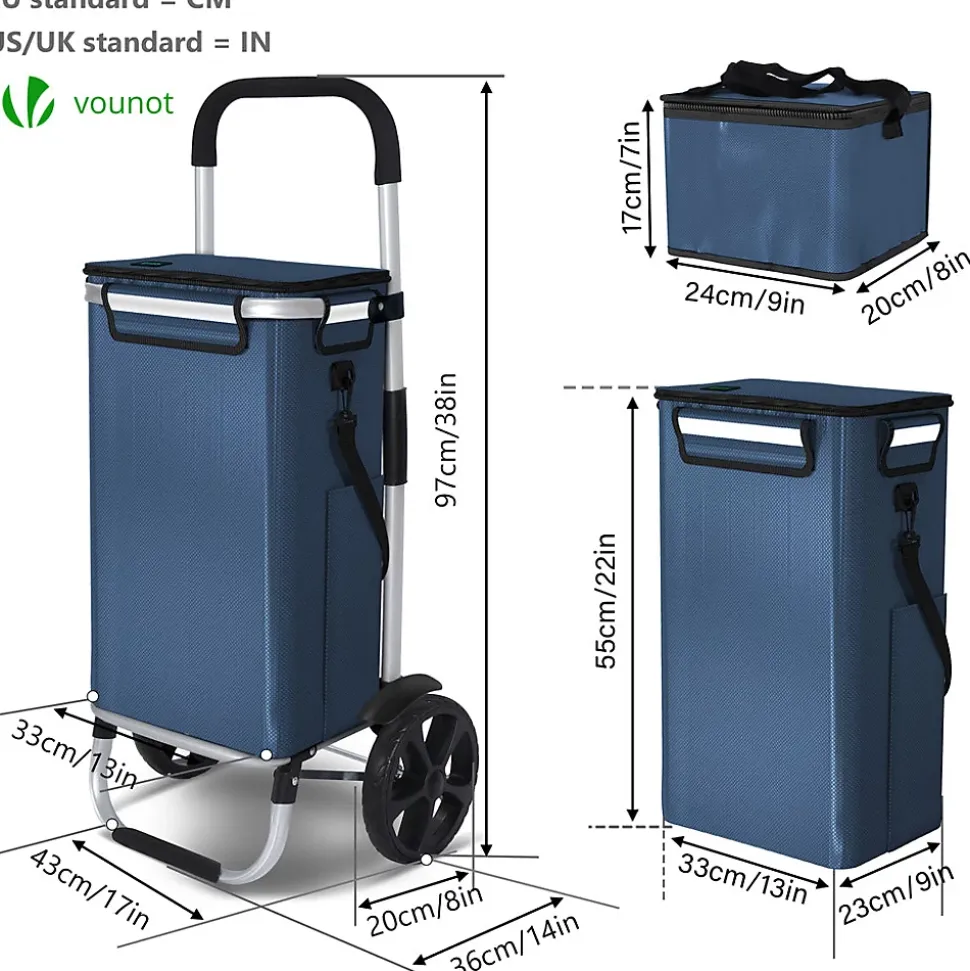 Chariot de course pliable aluminium 2 roues avec sac isotherme bleu marine VOUNOT