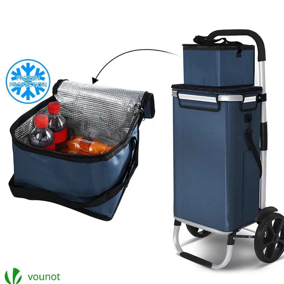 Chariot de course pliable aluminium 2 roues avec sac isotherme bleu marine VOUNOT