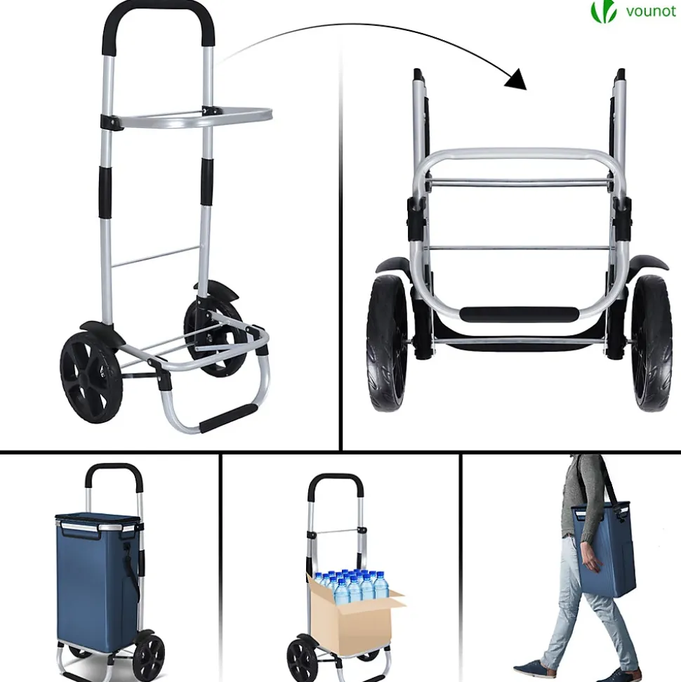 Chariot de course pliable aluminium 2 roues avec sac isotherme bleu marine VOUNOT
