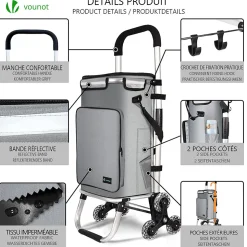 Chariot de course pliable monte escalier aluminium avec crochets gris VOUNOT