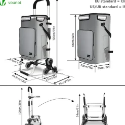 Chariot de course pliable monte escalier aluminium avec crochets gris VOUNOT