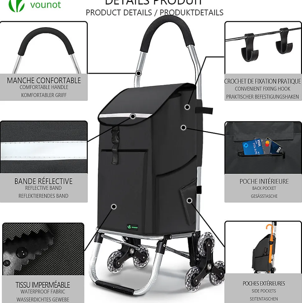 Chariot de course pliable monte escalier aluminium avec crochets noir VOUNOT