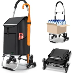 Chariot de course pliable monte escalier aluminium avec crochets noir VOUNOT