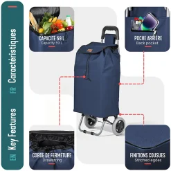 Chariot de courses 2 roues pliable 59L bleu marine VOUNOT