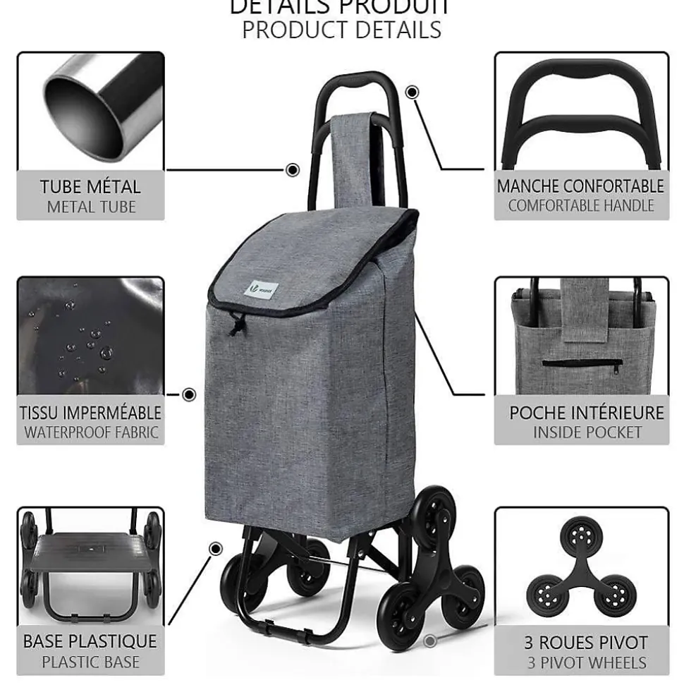 Chariot de courses pliable monte escalier style oxford gris VOUNOT