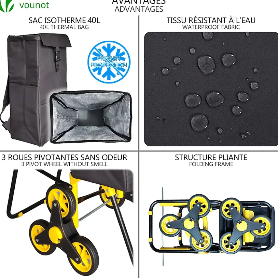Chariot de courses pliable avec siege Jaune VOUNOT