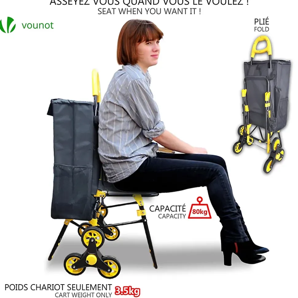 Chariot de courses pliable avec siege Jaune VOUNOT