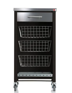 Chariot de cuisine à roulettes CHELSEA, Plan inox, 3 paniers, tiroir et casier à bouteilles