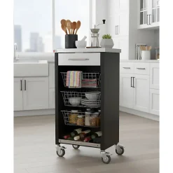 Chariot de cuisine à roulettes CHELSEA, Plan inox, 3 paniers, tiroir et casier à bouteilles