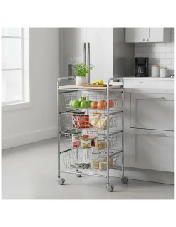 Chariot de cuisine Beech avec 4 paniers amovibles, meuble d'appoint polyvalent à roulettes, cadre Gris et plateau Hêtre