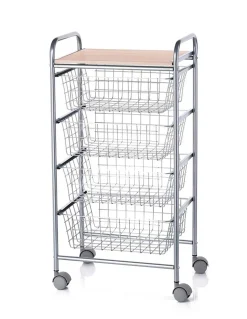 Chariot de cuisine Beech avec 4 paniers amovibles, meuble d'appoint polyvalent à roulettes, cadre Gris et plateau Hêtre