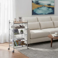 Chariot de cuisine Beech avec 4 paniers amovibles, meuble d'appoint polyvalent à roulettes, cadre Gris et plateau Hêtre