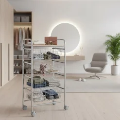 Chariot de cuisine Beech avec 4 paniers amovibles, meuble d'appoint polyvalent à roulettes, cadre Gris et plateau Hêtre