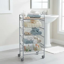 Chariot de cuisine Beech avec 4 paniers amovibles, meuble d'appoint polyvalent à roulettes, cadre Gris et plateau Hêtre