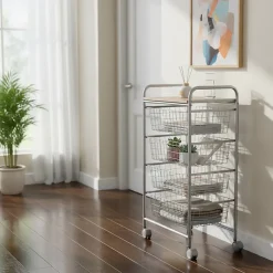 Chariot de cuisine Beech avec 4 paniers amovibles, meuble d'appoint polyvalent à roulettes, cadre Gris et plateau Hêtre