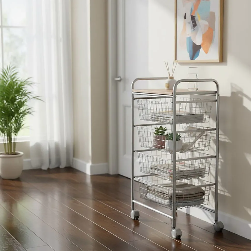 Chariot de cuisine Beech avec 4 paniers amovibles, meuble d'appoint polyvalent à roulettes, cadre Gris et plateau Hêtre