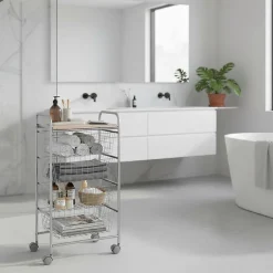 Chariot de cuisine Beech avec 4 paniers amovibles, meuble d'appoint polyvalent à roulettes, cadre Gris et plateau Hêtre