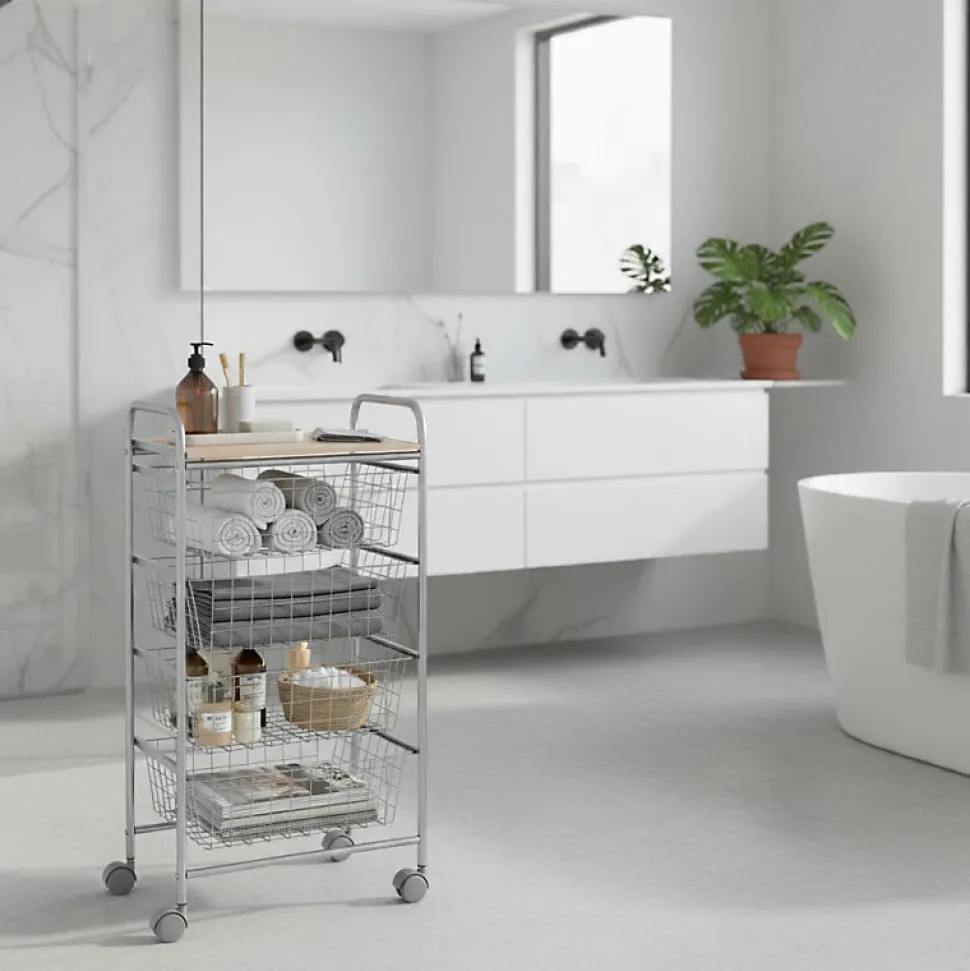 Chariot de cuisine Beech avec 4 paniers amovibles, meuble d'appoint polyvalent à roulettes, cadre Gris et plateau Hêtre