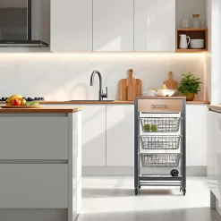 Chariot de cuisine Diana avec 3 paniers, tiroir et porte bouteilles