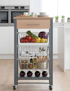 Chariot de cuisine Diana avec 3 paniers, tiroir et porte bouteilles