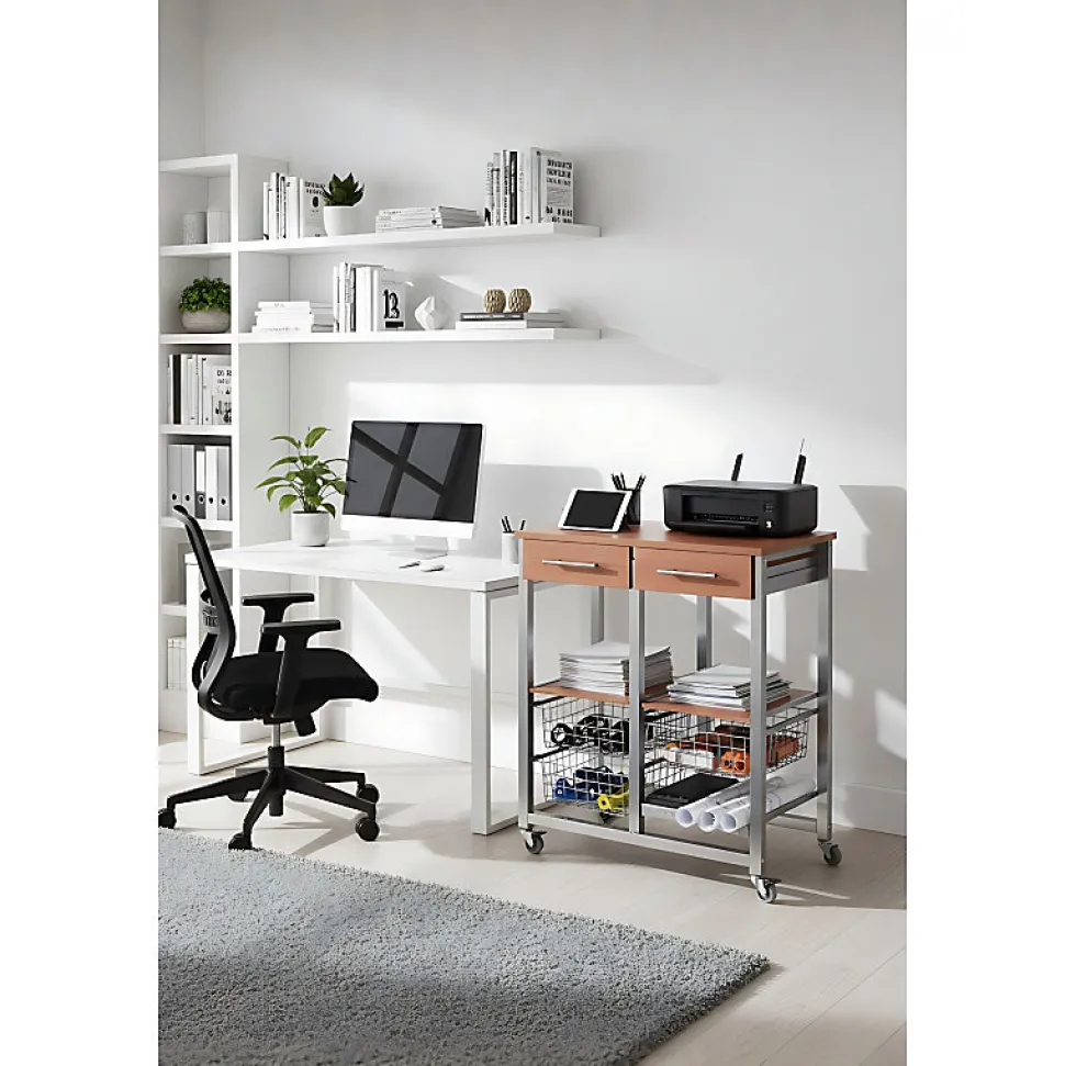 Chariot de cuisine OSLO avec tiroirs, paniers et porte bouteilles Cadre couleur aluminium et plateau effet noyer