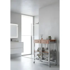 Chariot de cuisine OSLO avec tiroirs, paniers et porte bouteilles Cadre couleur aluminium et plateau effet noyer