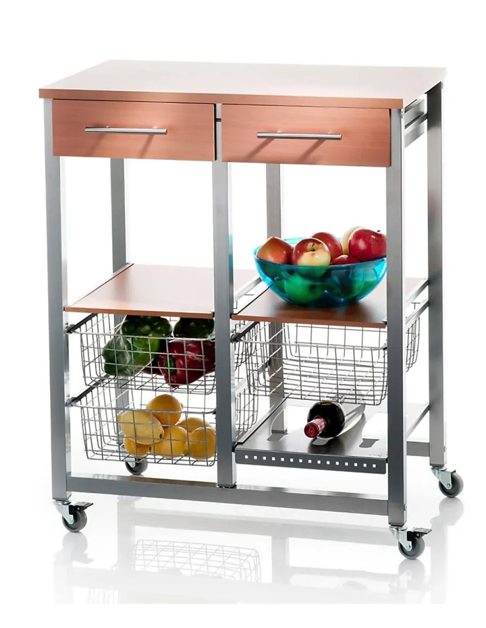 Chariot de cuisine OSLO avec tiroirs, paniers et porte bouteilles Cadre couleur aluminium et plateau effet noyer