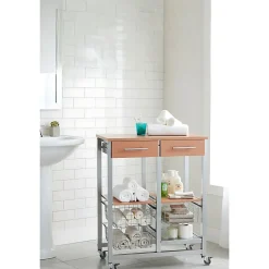 Chariot de cuisine OSLO avec tiroirs, paniers et porte bouteilles Cadre couleur aluminium et plateau effet noyer