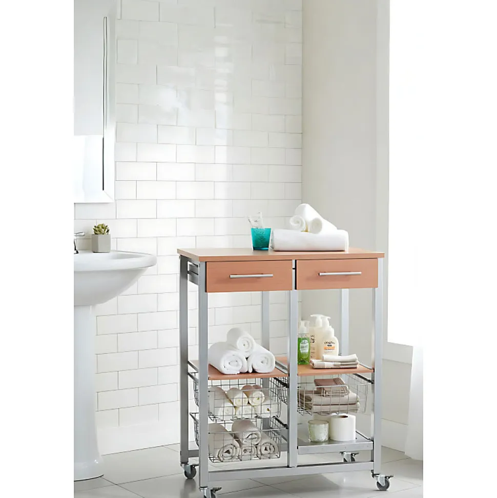 Chariot de cuisine OSLO avec tiroirs, paniers et porte bouteilles Cadre couleur aluminium et plateau effet noyer